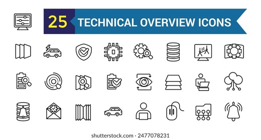 Technical overview icons set outline vector. Camera specification. Dual memory. Outline icon collection. Editable stroke.