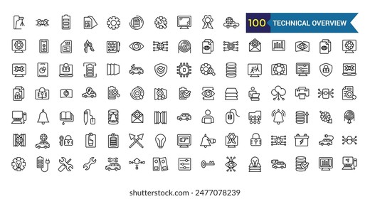 Technical overview icons set outline vector. Camera specification. Dual memory. Outline icon collection. Editable stroke.