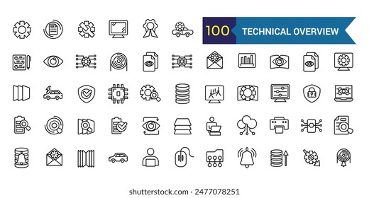 Technical overview icons set outline vector. Camera specification. Dual memory. Outline icon collection. Editable stroke.