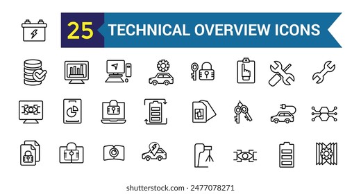 Technical overview icons set outline vector. Camera specification. Dual memory. Outline icon collection. Editable stroke.
