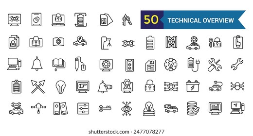Technical overview icons set outline vector. Camera specification. Dual memory. Outline icon collection. Editable stroke.