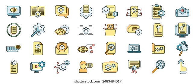 Technical overview icons set outline vector. Phone specification. Camera memory thin line color flat on white