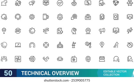 Technical Overview vector line icon set. Containing tech, line, cog, lens, overview, thin. Simple icon designs. Editable vector illustration.