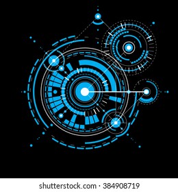 Technical plan, abstract engineering draft for use in graphic and web design. Blue vector drawing of industrial system created with mechanical parts and circles.