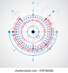 Technical plan, abstract engineering draft for use in graphic and web design. Colorful vector drawing of industrial system created with mechanical parts and circles.