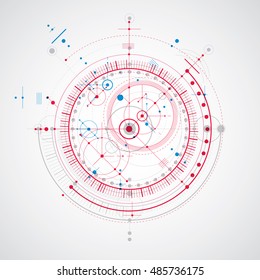 Technical plan, abstract engineering draft for use in graphic and web design. Colorful vector drawing of industrial system created with mechanical parts and circles.