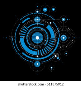 Technical plan, abstract engineering draft for use in graphic and web design. Blue vector drawing of industrial system created with mechanical parts and circles.