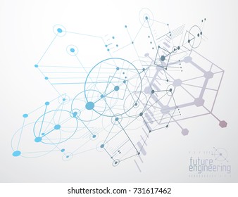 Technical plan, abstract engineering draft for use in graphic and web design. Vector drawing of industrial system created with hexagons, lines and circles.