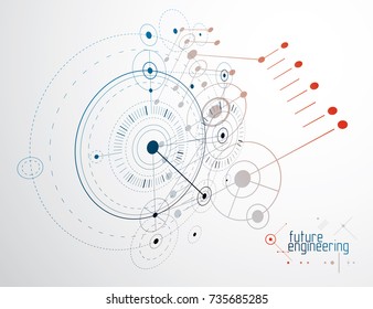 Technical Plan, Abstract Engineering Draft For Use In Graphic And Web Design. Vector Drawing Of Industrial System Created With Lines And Circles.