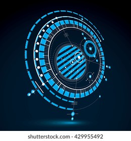 Technical plan, blue abstract engineering draft for use in graphic and web design. Perspective vector drawing of industrial system created with mechanical parts and circles.