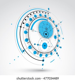 Technical plan, blue abstract engineering draft for use in graphic and web design. Perspective vector drawing of industrial system created with mechanical parts and circles.