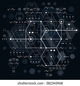 Technical plan, engineering draft. Vector drawing of industrial system with mechanical parts, for use in graphic and web design.