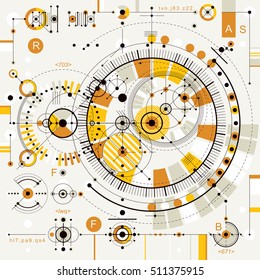 Technical plan, engineering draft. Vector drawing of industrial system with mechanical parts, for use in graphic and web design.