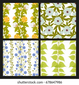 Technical plants with leaves, pods and flowers. Seamless patterns. Vector illustration.