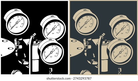 Technical pressure gauges close up stylized vector illustrations