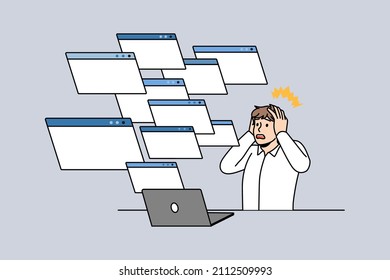 Problema técnico y concepto de error. Empresario trabajador estresado sentado en la cabeza táctil de la laptop observando una variedad de páginas ventanas pantallas de pantalla ilustración vectorial 