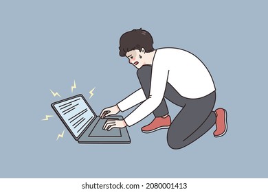 Technical problem and technologies concept. Young sad stressed man sitting and trying to revive his broken laptop vector illustration 