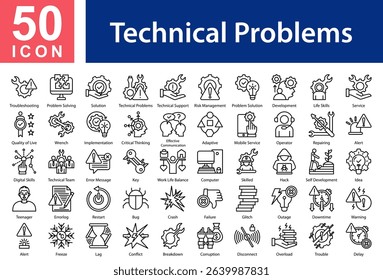 Technical Problems Collection of Icons with Outline Style Containing: Troubleshooting,Problem Solving,Solution,Technical Problems,Technical Support,Risk Management,Problem Solution,Development,Life Sk