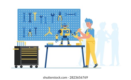 Technical professional building a custom robot on a workshop table equipped with organized wall-mounted hand tools for specialized repair.