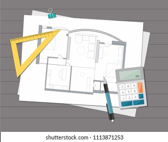 Technical project architect house plan blueprint. Construction background. Vector Illustration