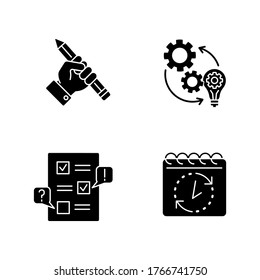 Technical project black glyph icons set on white space. Research for report. Implementation of workflow. Creative approach. Deadline for task. Silhouette symbols. Vector isolated illustration