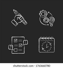 Technical project chalk white icons set on black background. Research for report. Implementation of workflow. Improvement and development process. Isolated vector chalkboard illustrations