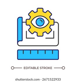 Technical project control line color icon. Gear with eye over paper plan and ruler. Reviewing architect documentation. Isolated vector illustration. Flat colorful symbol design. Editable stroke