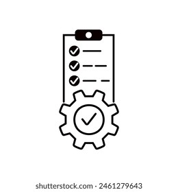 Technisches Projektsymbol mit Zahnrad auf Dokument. Flacher linearer Trend Modernes Logotyp Grafik Strichdesign isoliert auf Weiß. Konzept des einfachen Inhalts