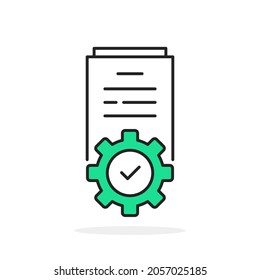 technical project icon with green gear on document. flat linear trend modern logotype graphic stroke design isolated on white. concept of simple content symbol or extract info or paper work flow sign