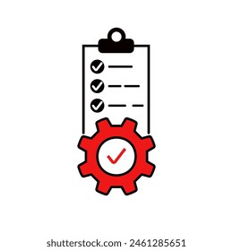 Technisches Projektsymbol mit rotem Zahnrad auf dem Dokument. Flacher linearer Trend Modernes Logotyp Grafik Strichdesign isoliert auf Weiß. Konzept des einfachen Inhalts