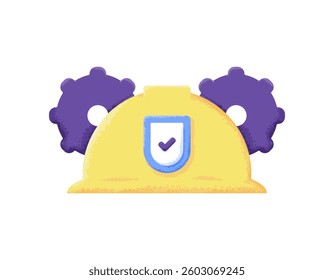technical protection and security concept. Occupational Safety and Health. engineering and industry. illustration of yellow safety helmet with shield and gear. flat style design with grain texture