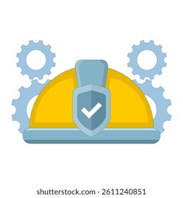 technical protection and security concept. Occupational Safety and Health. engineering and industry. yellow safety helmet with shield and gear. flat style design illustration in the background.