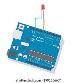 Technical prototype of a smart IoT lamp featuring a hardware board with blue jumper wires connected to power and a glowing red indicator light. Isolated on a clean white background. EPS10 vector.