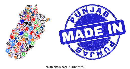 Technical Punjab Province map mosaic and MADE IN distress rubber stamp. Punjab Province map collage designed with spanners,wheel, tools,,keys,airplanes,aircrafts,air planes,aviation symbols,