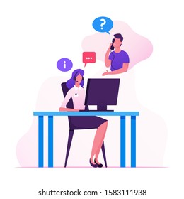 Technical Receptionist, Customer Support Service Working. Girl in Headset Hotline Consultant Chatting with Client in Call Center Answering Professional Questions. Cartoon Flat Vector Illustration