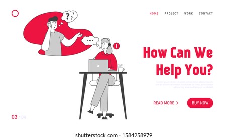 Technical Receptionist Customer Support Service Website Landing Page. Hotline Consultant Chatting with Client in Call Center Answer Questions Web Page Banner. Flat Vector Illustration, Line Art