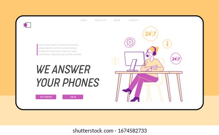 Technical Receptionist Customer Support Service, Helpdesk Landing Page Template. Girl in Headset with Pc Hotline Consultant Character Chatting with Client in Call Center. Linear Vector Illustration