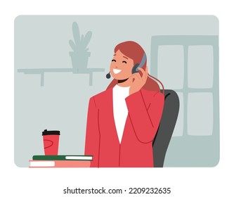 Technical Receptionist Female Character Chat with Clients. Customer Support Service Work. Girl in Headset Hotline Consultant in Call Center Answering Questions Online. Cartoon Vector Illustration