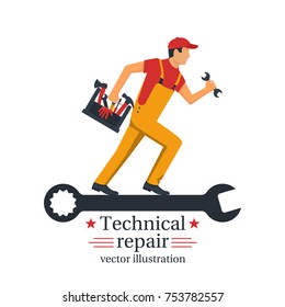 Technical repair. Banner call technician. Repairman hold wrench and tool box in hand. Vector illustration flat design. Isolated on white background. Worker customer service.