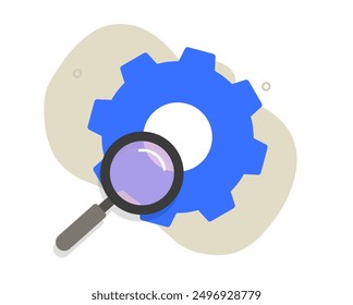 Technical repair exploration search gear cog wheel icon flat cartoon with magnifying glass vector graphic illustration, preference  upgrade settings cogwheel review inspection service image clip art