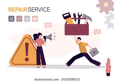 Technical repair service. Call specialist, worker man fast run to help. Repairman holds giant toolbox with work tools. Woman customer with warning triangle symbol need support. vector illustration