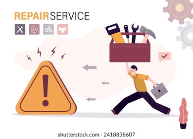 Technical repair service. Call specialist, worker man fast running with tool box. Repairman holds giant toolbox with working instrument. Landing page, template. flat design vector illustration.