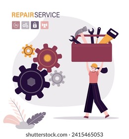 Technical repair service. Female repairman carries box of tools to fix broken gears in mechanism. Worker woman with toolbox. Flat vector illustration. Design isolated on white background