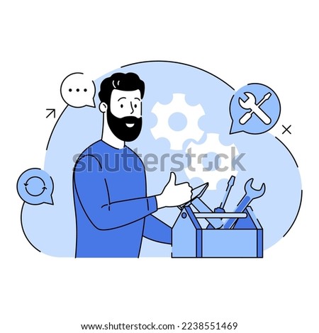 Technical repair. Worker customer service. Man shows thumb up. Craftsman, workman, technician specialist character with tool. Repairman hold tool box. Isolated on white background. Vector illustration