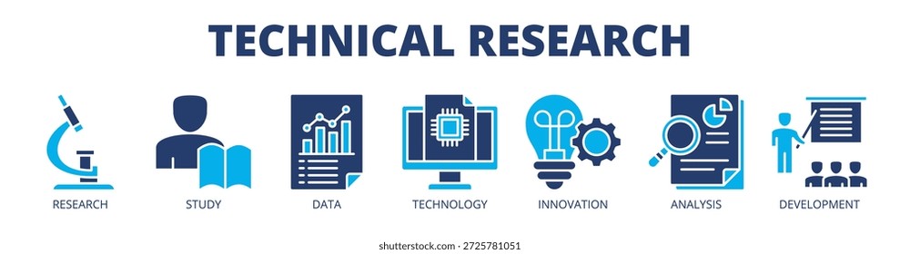 Technical research web banner icon vector illustration concept for innovation study with icon of research, study, data, technology, innovation, analysis, and development.