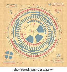 Technical Retro Drawing.Mechanical circuit in a circle .Technical background