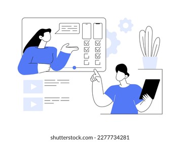 Revisión técnica de la ilustración abstracta del vector de concepto. Comparar características técnicas, sitio web de asesoramiento, nuevo dispositivo en el mercado, últimas noticias tecnológicas, revisión electrónica de metáfora abstracta.