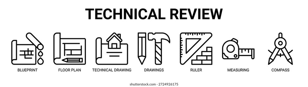 Concepto de Ilustración vectorial de ícono de Anuncio de Web para negocios con ícono de plano, Plan de piso, dibujo técnico, dibujos, Regla, medición, brújula.