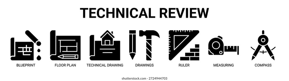 Concepto de Ilustración vectorial de ícono de Anuncio de Web para negocios con ícono de plano, Plan de piso, dibujo técnico, dibujos, Regla, medición, brújula.
