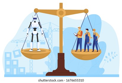 Technical Revolution, Characters Worker And Robot Stand Scales, Isolated On White, Flat Vector Illustration. Machine Replace Person In Workplace. Labor Day, Hard Worker And Machine.